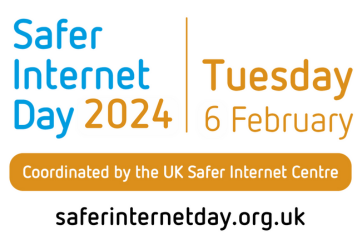 Safer Internet Day in blue text, Tuesday 6 February 2024 in orange text, saferinternetday.org.uk in black text